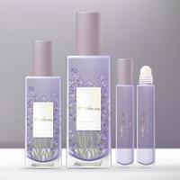 conjunto de envases de botellas de vidrio de perfume violeta lavanda vectorial con rollo en tubo de vidrio de aceite de fragancia vector