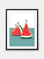 Vector Mini People and Watermelon Painting on Wall with Black Frame