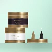 Vector Incense Cone with Bronze Metal Finishing Tin Can, Wrap Around Label with Golden Foil.