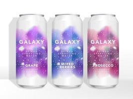 diseño de empaque de lata de aluminio con tema de galaxia estrellada de colores vectoriales de bebidas, cerveza, té, café, jugo o bebidas alcohólicas vector