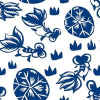 Vector Chinese Classic Blue Traditional Paper Cutting or Porcelain Seamless Pattern. Goldfish in Lotus Pond.