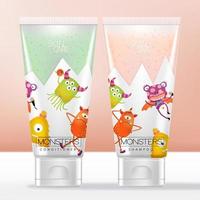 Vector Kid or Child Shampoo and Conditioner Toiletries Semi Transparent Tube with Cartoon Monsters Pattern Printed.