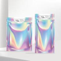 bolsa de cremallera de neón holográfica o iridiscente vectorial o bolsita con etiqueta blanca vector