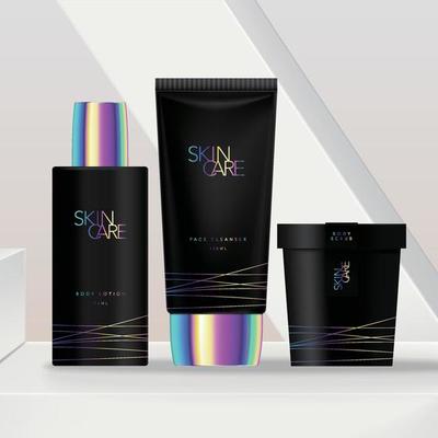 Vector Dark or Black Holographic Skincare or Beauty Cosmetics Make-up Packaging Set with Bottle, Tube and Recyclable Paper Jar. Minimal Geometric Platform Background.