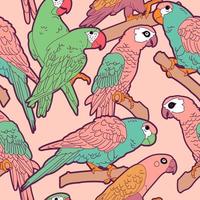 Vector Pastel Parrots Birds Seamless Pattern, Pink and Turquoise Themed Color.