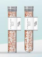 Vector Bath or Seasoning Pink Himalayan Salt in Flat or Round Base Test Tube Packaging. Transparent Glass or Plastic with Metallic Silver Screw Cap.