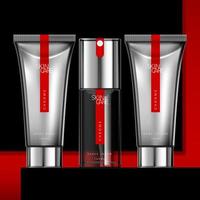 Vector Mens Toiletries Chrome Design Packaging with Tube and Pump Bottle. Minimal Geometric Black and Red Background.