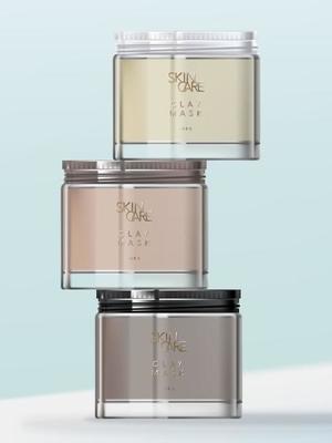 Vector Glossy Transparent Glass or Plastic Jar with Metallic White, Rose Gold and Black Screw Cap for Beauty, Skincare, Body Care or Food.