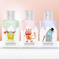 embalaje de botella de desinfectante de manos para niños o niños vectoriales con un patrón de ilustración de monstruo impreso. rosa, verde y azul. vector