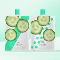 Vector Beverage, Skincare Clay Mask or Body Care Shampoo or Body Wash Screw Cap Packet Flexible Packaging. Cucumber Pattern Printed.