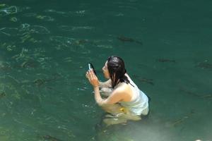 girl in a bikini is standing in emerald green water and taking a picture of herself with a mobile phone in a waterfall with a swarm of fish swimming nearby. photo