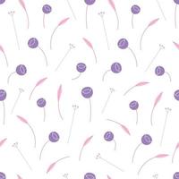 Seamless pattern of abstract tiny minimalist violet flowers with pink leaves.Cute floral background with delicate little pastel flower. Modern hand drawn small flowers for paper, textile. Simple print