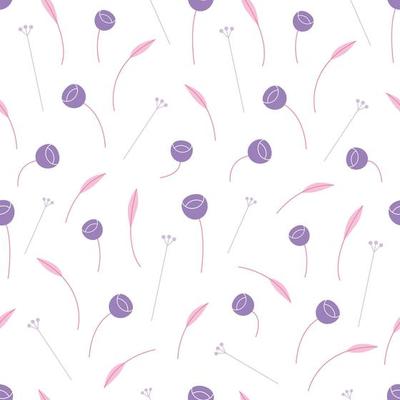 Seamless pattern of abstract tiny minimalist violet flowers with pink leaves.Cute floral background with delicate little pastel flower. Modern hand drawn small flowers for paper, textile. Simple print