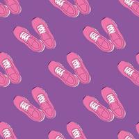 Pink training girl sport shoe seamless pattern. Sneaker repeat background in trendy flat style. Diet and healthy lifestyle. Fitness, gym. Woman modern running footwear. Hand drawn  pattern. vector