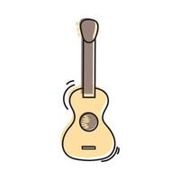 Vector illustration. Hand drawn doodle of classical guitar. String plucked musical instrument. Small acoustic guitar or ukulele. Blues or rock equipment. Cartoon sketch. Isolated on white background.