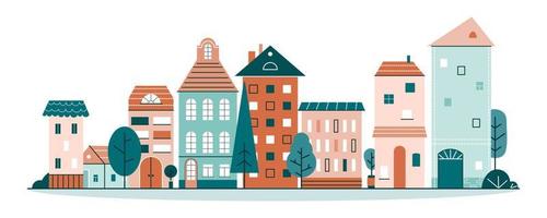Cute city with little tiny houses in Scandinavian style. Street of little town with cozy homes and trees. Flat cartoon vector illustration isolated on white background