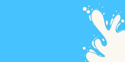 salpicaduras de leche fresca sobre fondo azul. producto lácteo blanco que fluye del lado derecho. ilustración de vector plano para banner, póster, publicidad en sitios web