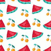 Watermelon and cherry seamless pattern background. Colored vector illustration