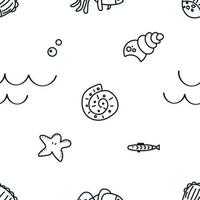 Hand drawn seamless pattern of sea fish, shell, wave. Doodle sketch style. Marine life element drawn by hand. Vector illustration for wrapping, wallpaper, simple kids print design