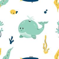 Seamless pattern with cute whale, fish and sea plants. Colorful childish texture. Summer underwater creatures background for package, wrapping paper, print, card, fabric, textile, wallpaper. Vector