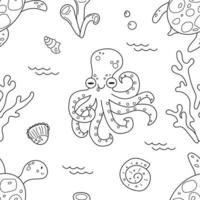 patrón transparente dibujado a mano del mundo marino, pulpo, concha, tortuga de agua. estilo de dibujo de fideos. elemento de vida marina dibujado a mano. ilustración vectorial para envolver, papel tapiz, impresión simple para niños vector