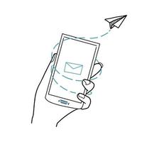 Hand drawn sending email message and flying paper plane. Mail concept in doodle style. Vector illustration isolated on white background