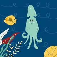 Cute Squid character floating in sea. Happy marine mollusc with tentacles, funny underwater dweller. Flat cartoon vector illustration isolated on blue wavy background