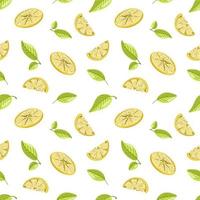 Hand drawn slices of lemon vector seamless pattern background. Cut citrus fruit and leaves. Color vintage design for wallpaper, fabric, natural juice packaging