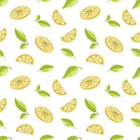 Hand drawn slices of lemon vector seamless pattern background. Cut citrus fruit and leaves. Color vintage design for wallpaper, fabric, natural juice packaging