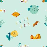 Colorful seamless pattern with cute pufferfish, abstract fish and seaweed on blue background. Amusing sea and ocean underwater creatures. Flat cartoon vector illustration for kids print, fabric, web