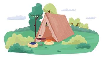 Glamping house standing on lawn in forest. Comfortable luxury tent in nature for summer recreation, vacation, weekand. Glowing light bulbs on trees and lantern inside tent. vector illustration
