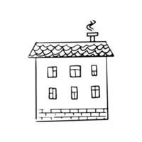 Doodle cute house icon. Hand drawn simple sketch style. Funny home with different shape windows, slate roof. Black vector illustration isolated on white background