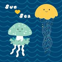 Two funny amusing sea jellyfish or medusa characters on blue wavy background. Happy marine underwater creatures. Exotic fauna of ocean. Text sun and sea. Flat cartoon color vector illustration