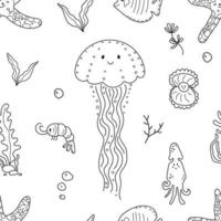 Cute seamless pattern of sea world, jellyfish, squid, shrimp, starfish. Doodle sketch style. Marine life element drawn by hand. Vector illustration for wrapping, wallpaper, simple kids print