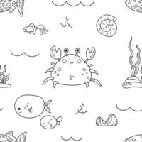 Cute seamless pattern of sea world, crab, fish, seashell, coral. Doodle sketch style. Underwater life hand drawn element. Vector illustration for wrapping, wallpaper, simple kids print