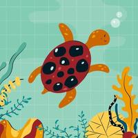 Linda tortuga marina de dibujos animados nadando en el agua entre algas, corales. tortuga marina divertida en el acuario. ilustración de vector plano de color infantil de adorable personaje submarino