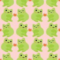 Cute cartoon frogs with hearts. Enamored green toads. Vector animal characters seamless pattern of amphibian toad drawing.Childish design for baby clothes, bedding, textiles, print, wallpaper.