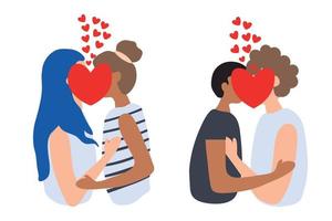 Two boy kiss and Two girls kiss . Lesbians. Homosexual people. Gentle hug and kiss. Vector illustration isolated on white background. Valentine concept.