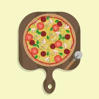 ilustración vectorial de una pizza que incluye ingredientes de pizza champiñones pepperoni cebolla pimiento dulce tomate queso albahaca vector