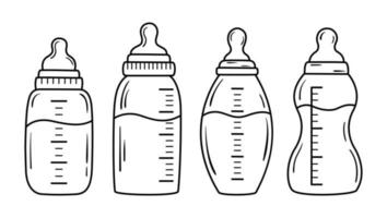 Feeding milk bottle collection in line art style. Doodle baby pacifier. vector