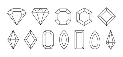 Set of simple geometric gem stones. Jewelry crystals shapes in linear style.