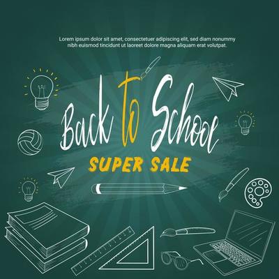 Back to school banner template for sale with doodle and equipments on the blackboard.