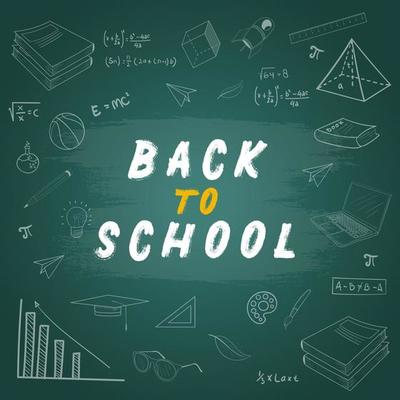 Back to school banner with doodle and equipments on the blackboard.