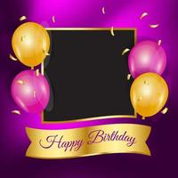 Happy birthday background with balloons cap and photo frame vector