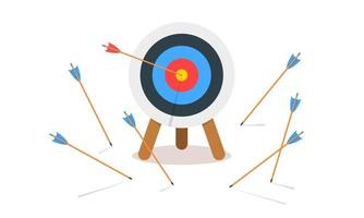 Archery target ring with one hitting and many missed arrows. Dartboard on tripod isolated on white background. Business success and failure symbol. Goal achieving concept vector