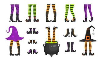 Set of different witch legs in stockings and boots, sticking up from hat and cauldron. Funny design elements for Halloween party, greeting or invitation card or flyer vector