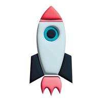 Spaceship rocket. Toy rocket upswing ,spewing smoke. Startup, space, business concept. 3d vector icon. Cartoon minimal style