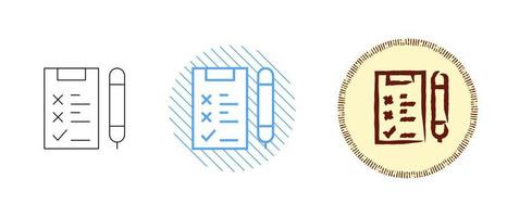 This is a set of contour and color icons of the exam form and pen vector