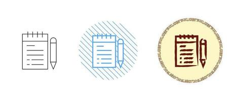 This is a set of contour and colored notepad and pen icons vector