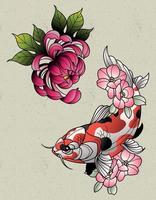 elementos de tatuaje de peonía y pez koi vector